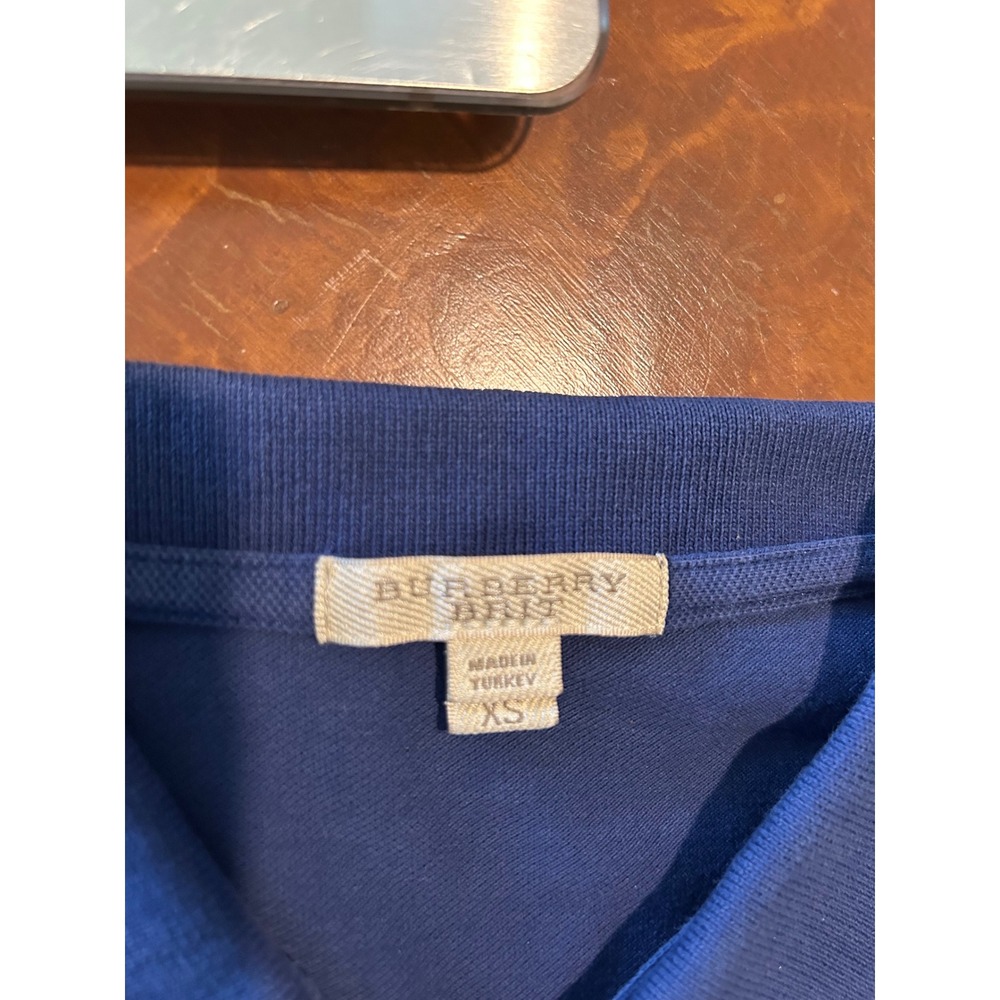 Burberry Brit Womens Navy Blue Tonal Nova Check Puff Sleeve Polo Shirt XS Sony🎬 - Picture 4 of 8